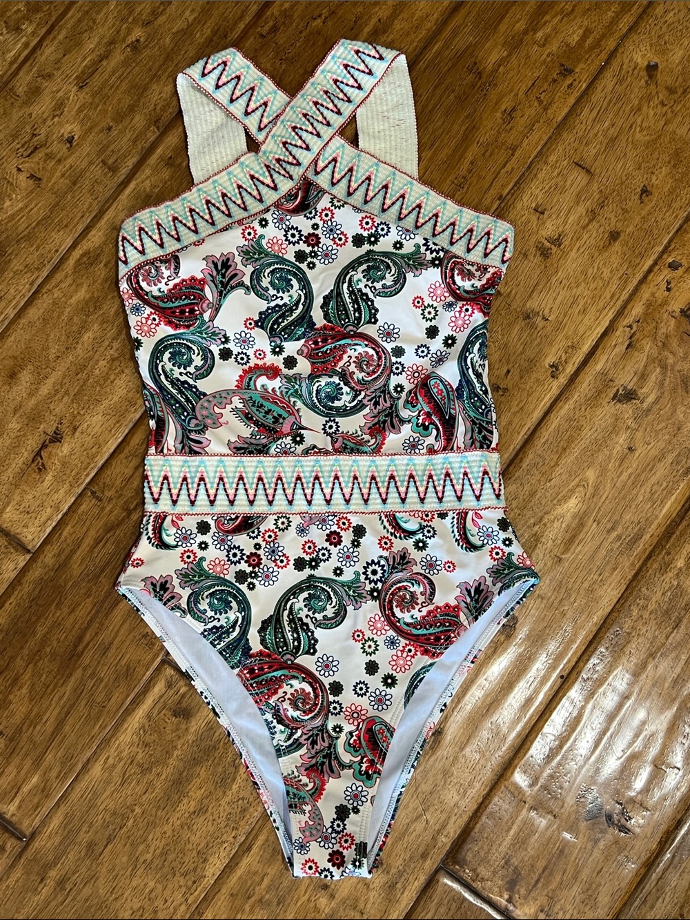 Boho Beachy Girlhoodcore Unique Paisley One-Piece Swimsuit with Zigzag Trim
